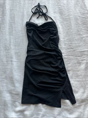 Black Backless Ruched Halter Mini Dress
